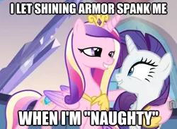 Size: 625x458 | Tagged: bedroom eyes, caption, derpibooru import, edit, edited screencap, image macro, implied spanking, princess cadance, rarity, screencap, suggestive