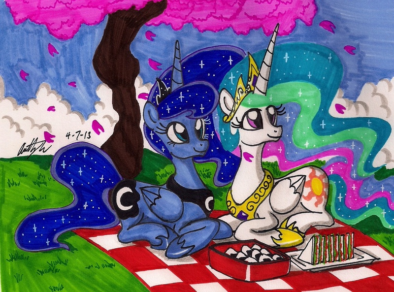 Size: 1560x1156 | Tagged: artist:newyorkx3, cherry blossoms, derpibooru import, food, grass, onigiri, picnic, princess celestia, princess luna, safe, sandwich, spring, sushi, traditional art, tree