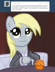 Size: 770x1000 | Tagged: safe, derpibooru import, derpy hooves, pegasus, pony, ask a mailmare, ask, clothes, female, mare, muffin, suit, the most interesting man in the world, tumblr