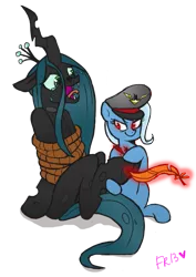 Size: 509x717 | Tagged: alicorn amulet, artist:fr-13, artist:rgevskiy, crying, derpibooru import, feather, hoof tickling, hooves, queen chrysalis, rope, safe, tickle torture, tickling, trixie