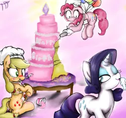 Size: 1224x1152 | Tagged: safe, artist:aquaticsun, derpibooru import, applejack, pinkie pie, rarity, balloon, birthday, blushing, cake, female, kiss mark, lesbian, lipstick, rarijack, scrunchy face, shipping, then watch her balloons lift her up to the sky