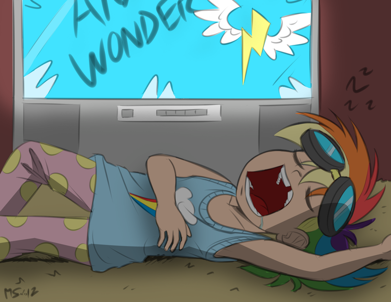 Size: 1280x989 | Tagged: artist:allosaurus, artist:megasweet, child, drool, female, goggles, humanized, rainbow dash, safe, shiny, sleeping, snoring, solo, television, wonderbolts, younger