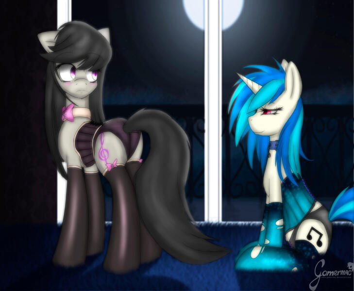 Size: 1700x1400 | Tagged: suggestive, artist:gamermac, derpibooru import, octavia melody, vinyl scratch, bedroom eyes, clothes, collar, corset, female, lesbian, panties, plot, scratchtavia, shipping, socks, underwear