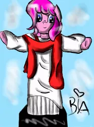 Size: 583x782 | Tagged: artist needed, cloak, clothes, crossover, derpibooru import, jesus christ, pinkie pie, pinkie pie is god, pinkie pious, ponified, safe, solo, standing