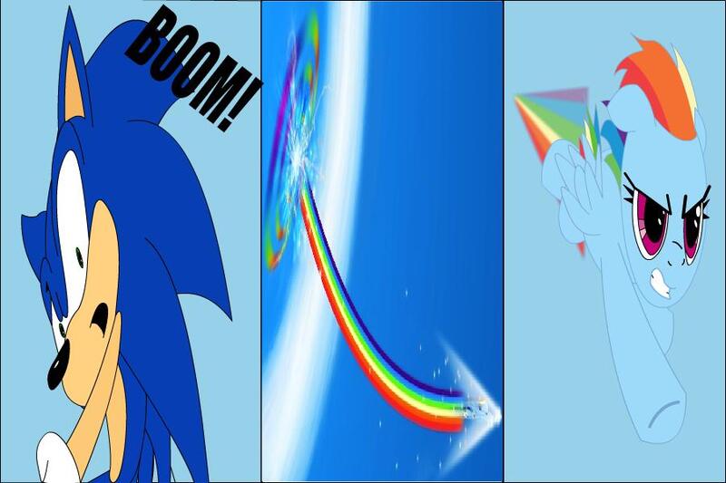 Size: 900x600 | Tagged: safe, artist:the-wild-wild-web, derpibooru import, rainbow dash, pegasus, pony, crossover, crossover shipping, day, female, flying, image, interspecies, jpeg, looking down, male, mare, quality, rainbow, shipping, sky, sonic rainboom, sonic the hedgehog, sonic the hedgehog (series), sonicdash, straight