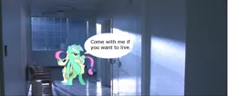 Size: 1364x580 | Tagged: safe, derpibooru import, edit, bon bon, lyra heartstrings, sweetie drops, pony, bipedal, carrying, irl, movie, photo, ponies in real life, quote, terminator, terminator 2