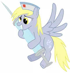 Size: 2060x2135 | Tagged: safe, artist:friendshipismetal777, derpibooru import, derpy hooves, pegasus, pony, flying, giant syringe, grin, hat, hug, nurse, nurse hat, simple background, smiling, solo, spread wings, squee, syringe, underhoof, white background