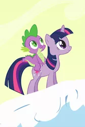 Size: 640x960 | Tagged: safe, derpibooru import, screencap, spike, twilight sparkle, dragon, pony, unicorn, winter wrap up, cropped, dragons riding ponies, duo, iphone wallpaper, looking up, riding, unicorn twilight