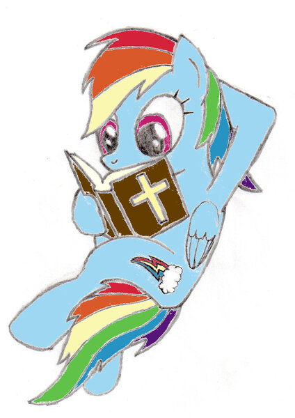 Size: 1024x1448 | Tagged: safe, artist:friendshipismetal777, derpibooru import, rainbow dash, bible, book, christianity, reading, religion, religious, simple background, solo, white background