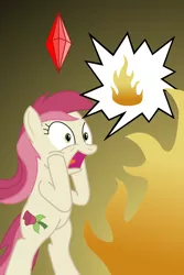 Size: 2000x3000 | Tagged: safe, artist:friendshipismetal777, derpibooru import, roseluck, earth pony, pony, bipedal, fire, plumbob, solo, the sims