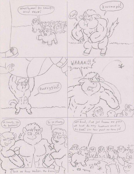 Size: 1154x1500 | Tagged: artist:santanon, cheek puffing, derpibooru import, feral fluffy pony, fluffy pony, muscle expansion, muscles, safe, smarty friend