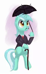 Size: 1246x2000 | Tagged: safe, artist:hieronymuswhite, derpibooru import, lyra heartstrings, pony, unicorn, bipedal, cane, clothes, colored pupils, featureless crotch, hoof hold, like a sir, moustache, necktie, rain, simple background, solo, standing, suit, umbrella, white background