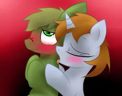Size: 500x393 | Tagged: suggestive, artist:jetwave, derpibooru import, oc, oc:littlepip, oc:murky, unofficial characters only, pony, unicorn, fallout equestria, fallout equestria: murky number seven, fanfic, blushing, cute, eyes closed, fanfic art, female, gradient background, hooves, horn, licking, male, mare, neck licking, nose wrinkle, open mouth, smiling, stallion, straight, tongue out