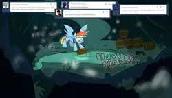 Size: 2000x1142 | Tagged: artist:cider, ask, ask cider dash, barrel, cave, cave pool, cider, derpibooru import, mirror pool, rainbow dash, safe