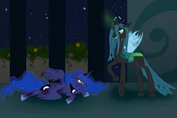 Size: 1500x1000 | Tagged: artist:eifi--copper, derpibooru import, injured, princess luna, queen chrysalis, semi-grimdark