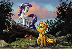 Size: 1600x1097 | Tagged: safe, artist:harwick, derpibooru import, applejack, rarity, dirty, female, lesbian, mud, mushroom, rarijack, shipping, tree trunk