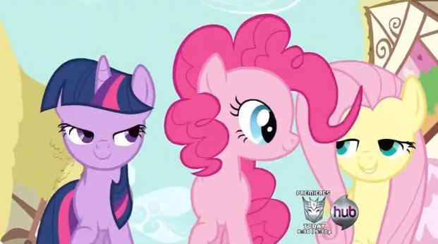 Size: 621x346 | Tagged: a friend in deed, bedroom eyes, derpibooru import, fluttershy, hub logo, out of context, pinkie pie, safe, screencap, smile song, transformers, twilight sparkle