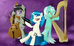 Size: 5333x3333 | Tagged: safe, artist:unnop64, derpibooru import, lyra heartstrings, octavia melody, vinyl scratch, pony, absurd resolution, bipedal, cello, harp, musical instrument, record, sitting, standing