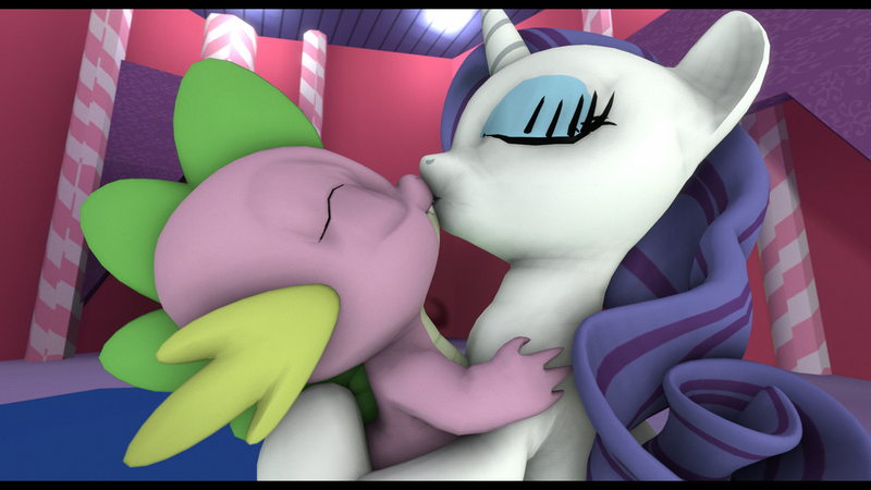 Size: 1920x1080 | Tagged: dead source, safe, artist:dakkiller, derpibooru import, rarity, spike, dragon, pony, unicorn, 3d, eyes closed, female, kissing, male, mare, shipping, source filmmaker, sparity