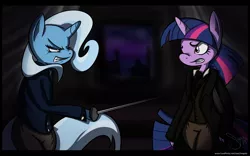 Size: 1600x1000 | Tagged: anthro, artist:snapits, clothes, confrontation, crossover, derpibooru import, javert, jean valjean, les miserables, safe, suit, sword, threatening, trixie, twilight sparkle, weapon
