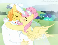 Size: 1280x985 | Tagged: anthro, artist:devanstar, braeburn, braeshy, derpibooru import, female, fluttershy, kissing, male, safe, shipping, straight, wedding