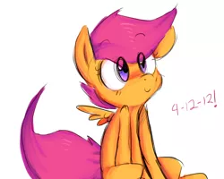 Size: 1280x1024 | Tagged: dead source, safe, artist:spanish-scoot, derpibooru import, scootaloo, pegasus, pony, blank flank, cute, cutealoo, exclamation point, female, filly, simple background, sitting, solo, spread wings, white background, wings