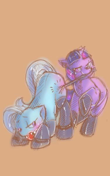 Size: 800x1280 | Tagged: questionable, artist:lavenderhush, derpibooru import, trixie, twilight sparkle, pony, unicorn, ballgag, blushing, bondage, clothes, face down ass up, female, femdom, femsub, gag, lesbian, mare, riding crop, shipping, spanking, stockings, submissive, the weak and powerless trixie, twidom, twixie, whipping