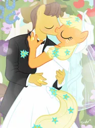 Size: 1280x1707 | Tagged: anthro, applejack, artist:devanstar, carajack, caramel, derpibooru import, female, kissing, male, safe, shipping, straight, wedding