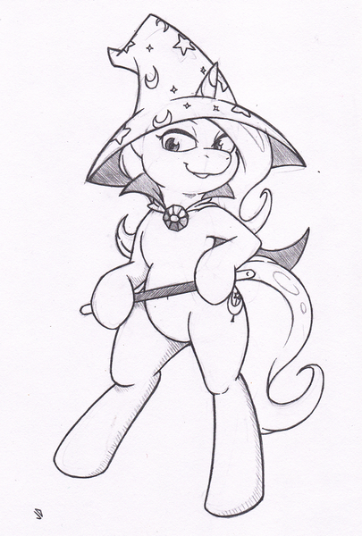 Size: 601x891 | Tagged: safe, artist:joey darkmeat, derpibooru import, trixie, pony, bipedal, monochrome, sketch, solo, traditional art, wand