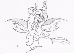 Size: 905x663 | Tagged: artist:joey darkmeat, changeling, changeling queen, cute, cutealis, derpibooru import, female, monochrome, queen chrysalis, safe, solo, traditional art