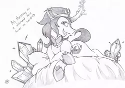 Size: 1202x850 | Tagged: suggestive, artist:joey darkmeat, derpibooru import, king sombra, pony, unicorn, bed, bedroom eyes, black and white, colored horn, crystal, curved horn, dialogue, glass, glowing horn, grayscale, hoof hold, horn, innuendo, jewelry, magic, magic aura, male, monochrome, pencil drawing, prone, regalia, solo, solo male, sombra's horn, stallion, stupid sexy sombra, traditional art, wine, wine glass