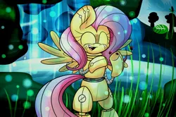 Size: 1280x850 | Tagged: safe, artist:extradan, derpibooru import, fluttershy, ladybug, pony, robot, robot pony, bipedal, eyes closed, flutterbot, grass, open mouth, smiling, solo, spread wings, wings