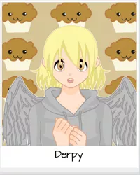 Size: 384x481 | Tagged: anime, artist needed, clothes, derpibooru import, derpy hooves, hoodie, humanized, muffin, name, safe, solo, underp, winged humanization