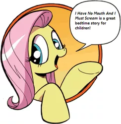 Size: 421x431 | Tagged: bad advice fluttershy, derpibooru import, edit, exploitable meme, fluttershy, idw, i have no mouth and i must scream, meme, semi-grimdark, this will end in tears