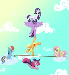 Size: 2800x3000 | Tagged: safe, artist:mrmrman363, derpibooru import, applejack, fluttershy, pinkie pie, rainbow dash, rarity, twilight sparkle, twilight sparkle (alicorn), alicorn, pony, acrobatics, balance, balancing, cloud, cloudy, female, flying, mare