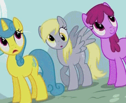 Size: 367x299 | Tagged: safe, derpibooru import, screencap, berry punch, berryshine, derpy hooves, lemon hearts, pegasus, pony, the show stoppers, animated, cropped, cute, derp, female, mare