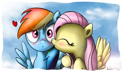 Size: 4445x2598 | Tagged: safe, artist:neko-me, derpibooru import, fluttershy, rainbow dash, blushing, female, flutterdash, heart, kissing, lesbian, shipping