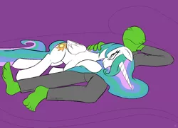 Size: 1240x900 | Tagged: artist needed, cuddling, derpibooru import, human, love, missing accessory, oc, oc:anon, princess celestia, relaxed, romance, shipping, suggestive