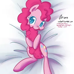 Size: 1200x1200 | Tagged: artist:rwl, bed, cute, derpibooru import, diapinkes, hnnng, looking at you, mouth hold, nom, on back, pinkie pie, safe, smiling, solo, tail, tail bite, tail hug, tail pull