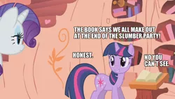 Size: 1280x720 | Tagged: safe, derpibooru import, edit, edited screencap, screencap, rarity, twilight sparkle, pony, unicorn, look before you sleep, caption, female, image macro, lip bite, mare, out of context, text