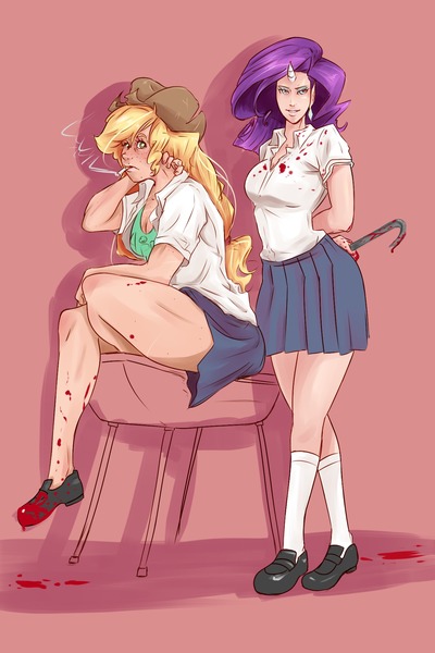 Size: 1280x1920 | Tagged: applebucking thighs, applejack, artist:sundown, blood, breasts, clothes, derpibooru import, horned humanization, human, humanized, jacqueline applebuck, juliette d'rarie, rarity, school uniform, semi-grimdark, smoking