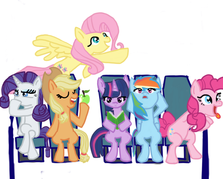 Size: 1280x1024 | Tagged: safe, derpibooru import, applejack, fluttershy, pinkie pie, rainbow dash, rarity, twilight sparkle, earth pony, pegasus, pony, unicorn, apple, book, chair, crossed legs, eating, eyes closed, female, flying, food, mane six, mare, open mouth, reading, sitting, spread wings, tongue out, wings, wip