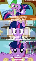 Size: 1280x2160 | Tagged: safe, derpibooru import, edit, edited screencap, screencap, spike, twilight sparkle, twilight sparkle (alicorn), alicorn, dragon, pony, magical mystery cure, the crystal empire, bookends, everything is going to be ok, female, male, mare