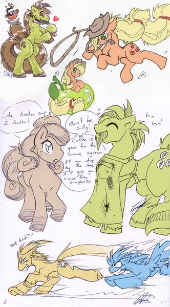 Size: 600x1085 | Tagged: applejack, artist:carnival, cappuccino, chase, derpibooru import, drink, green bean, oc, original species, race, rainbow dash, safe, sketch dump, speech bubble