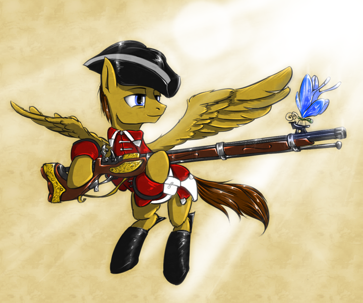 Size: 1290x1075 | Tagged: artist:madhotaru, british, british army, butterfly, clothes, derpibooru import, gun, hat, line infantry, military, musket, oc, red coat, safe, soldier, tricorne, uniform, unofficial characters only, weapon