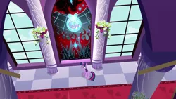 Size: 1280x720 | Tagged: safe, derpibooru import, screencap, king sombra, twilight sparkle, pony, unicorn, the crystal empire, bad end, bird's eye view, canterlot castle, crystal heart, female, mare, sad, sitting, solo, stained glass, the bad guy wins, unicorn twilight, window