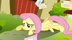 Size: 956x536 | Tagged: derpibooru import, doormat, fluttershy, letter, putting your hoof down, safe, screencap