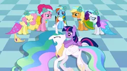 Size: 1255x702 | Tagged: safe, derpibooru import, screencap, applejack, fluttershy, pinkie pie, princess celestia, rainbow dash, rarity, twilight sparkle, alicorn, earth pony, pegasus, pony, unicorn, a canterlot wedding, bridesmaid dress, clothes, dress, mane six, out of context, royal wedding, sad