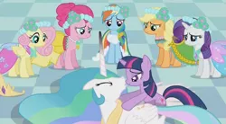 Size: 1381x765 | Tagged: a canterlot wedding, applejack, bedroom eyes, derpibooru import, fluttershy, inverted mouth, mane six, out of context, pinkie pie, princess celestia, rainbow dash, rarity, safe, screencap, shipping, twilestia, twilight sparkle