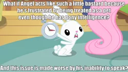 Size: 640x360 | Tagged: safe, derpibooru import, edit, edited screencap, screencap, angel bunny, pegasus, pony, rabbit, animal, caption, female, frown, hilarious in hindsight, image macro, mare, meta, offscreen character, open mouth, pointing, solo focus, stopwatch, text, wide eyes